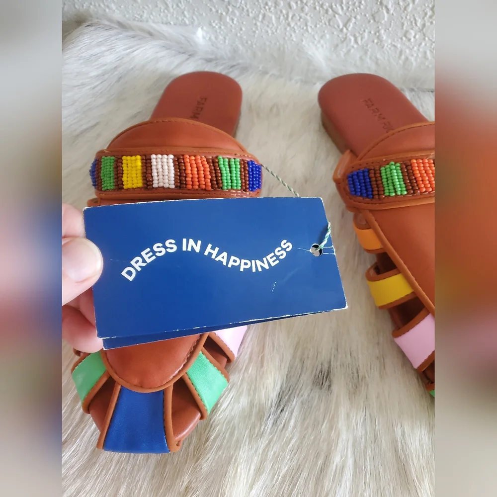 Farm Rio Sandals Sz 8.5 Rainbow Beaded Mule Tan Multicolor Vegan Leather $240 - Picture 5 of 9